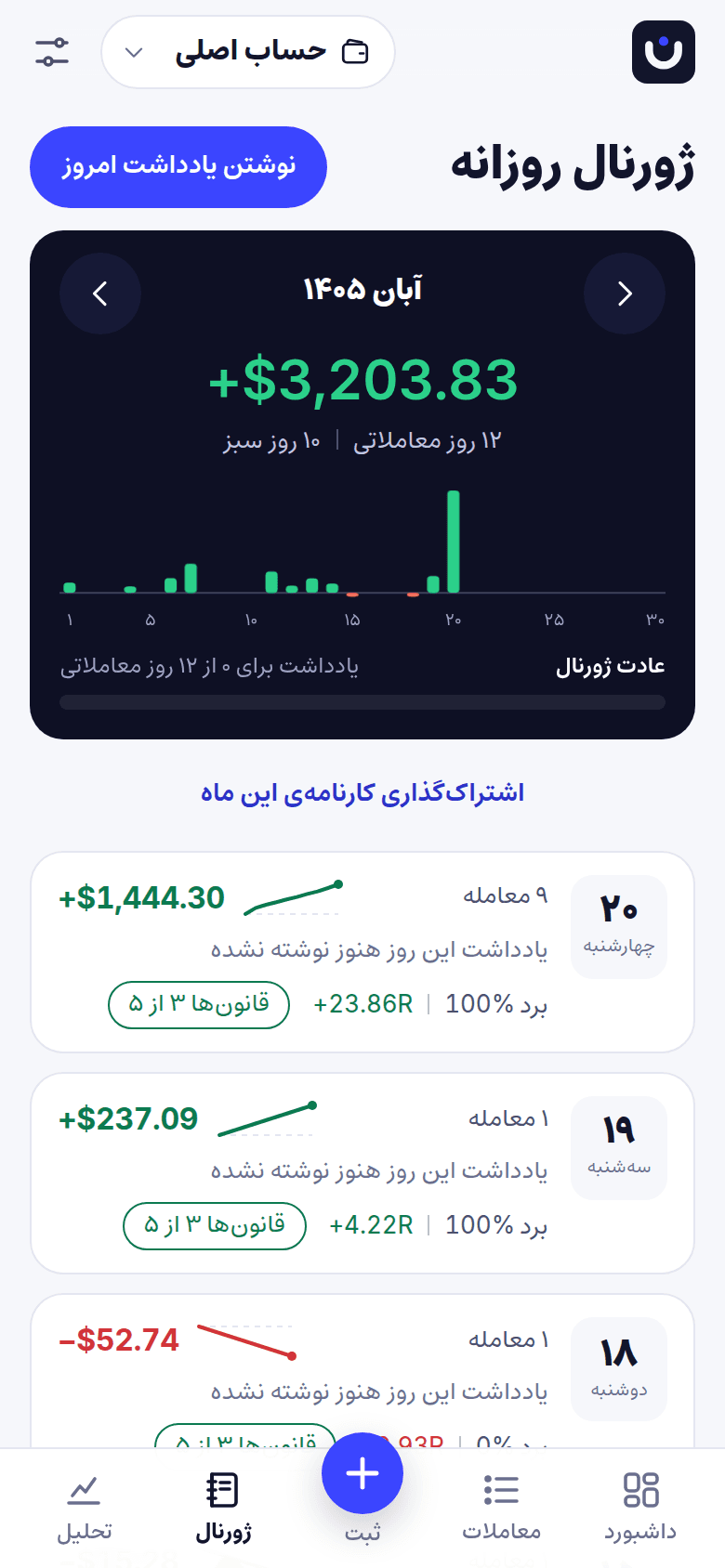 ژورنال روزانهی نظمنگار با صحنهی ماه و کارت هر روز